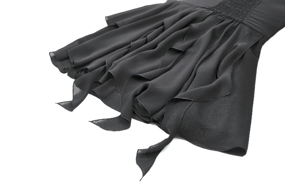 Close-up of Black Gothic Lace Cami Dress with Asymmetric Hem showcasing the layered chiffon skirt and ruffled hem details.