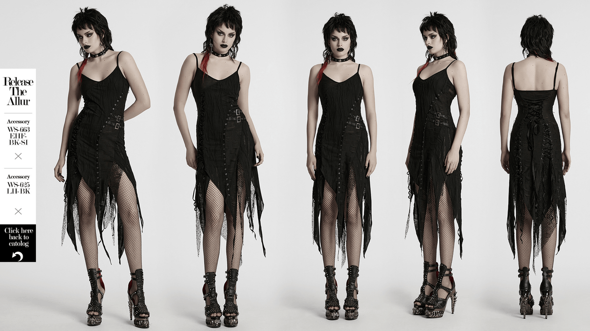 Black Gothic Lace Dress with Asymmetric Hem and Eyelets - image 13