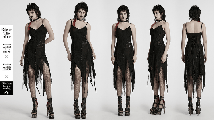 Black Gothic Lace Dress with Asymmetric Hem and Eyelets - image 13