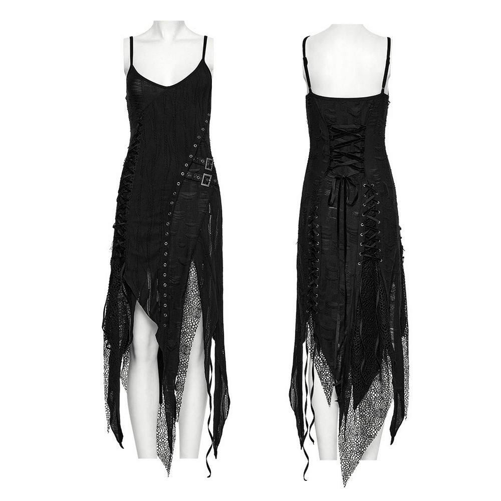 Black Gothic Lace Dress with Asymmetric Hem and Eyelets - image 3