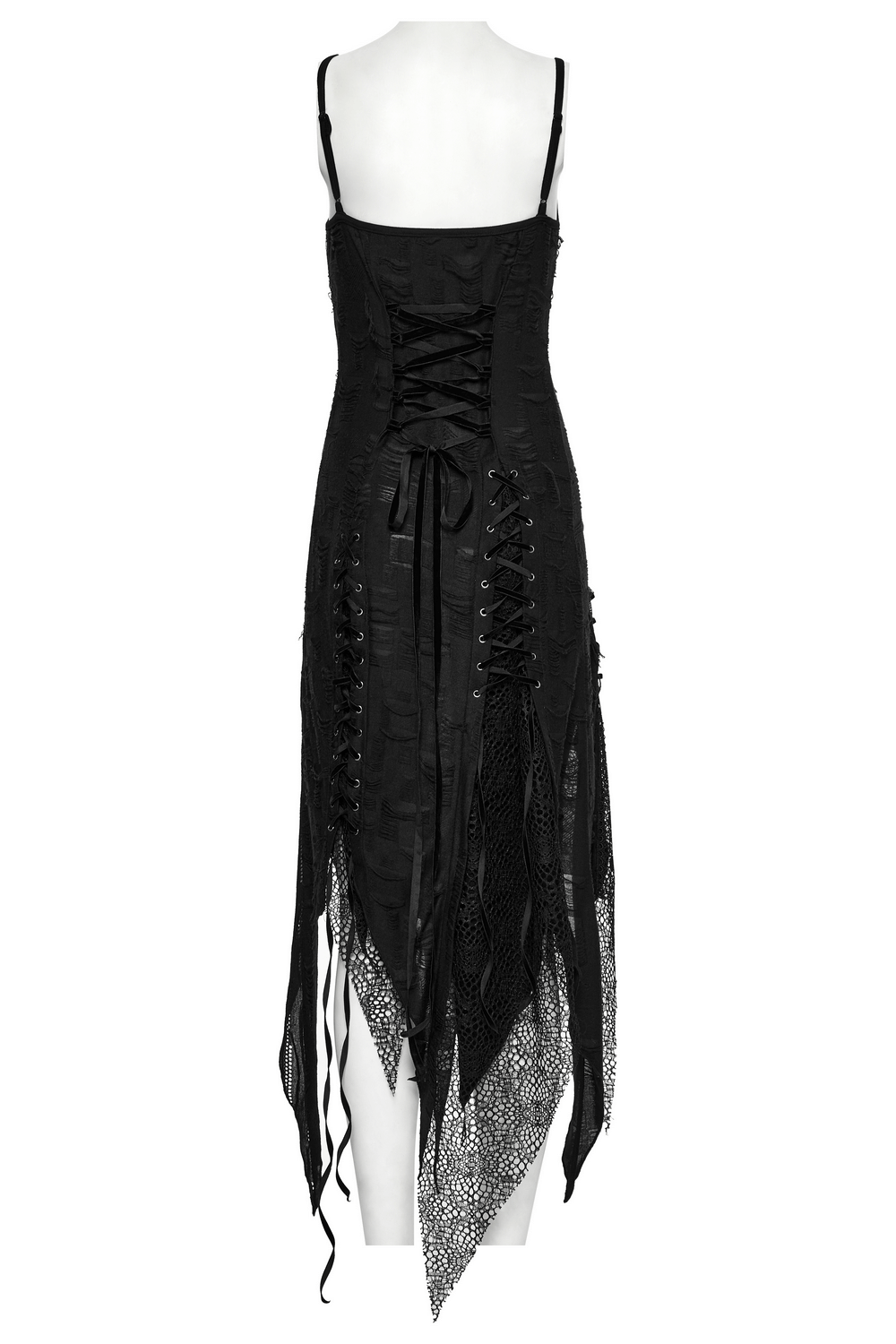 Black Gothic Lace Dress with Asymmetric Hem and Eyelets - image 4