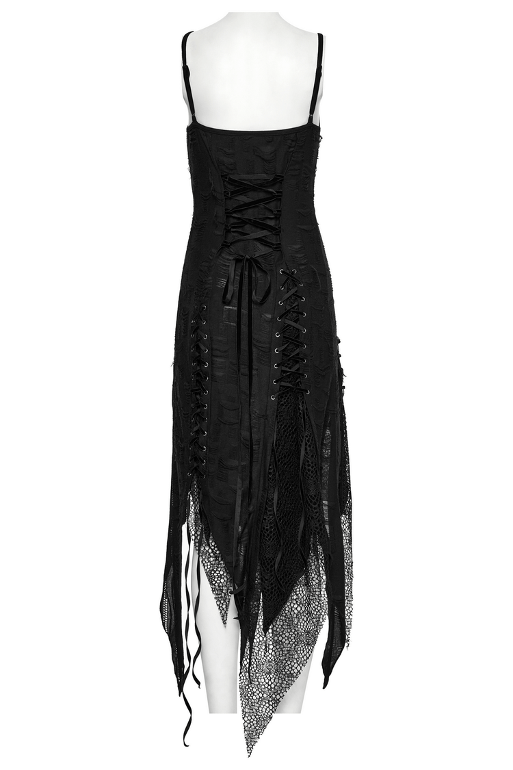 Black Gothic Lace Dress with Asymmetric Hem and Eyelets - image 4