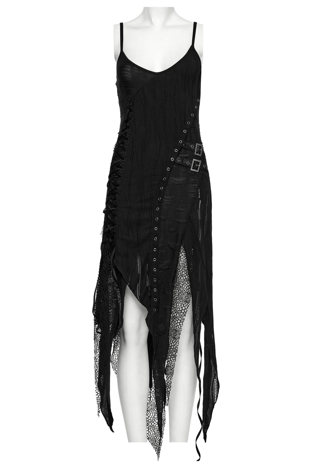 Black Gothic Lace Dress with Asymmetric Hem and Eyelets - image 6
