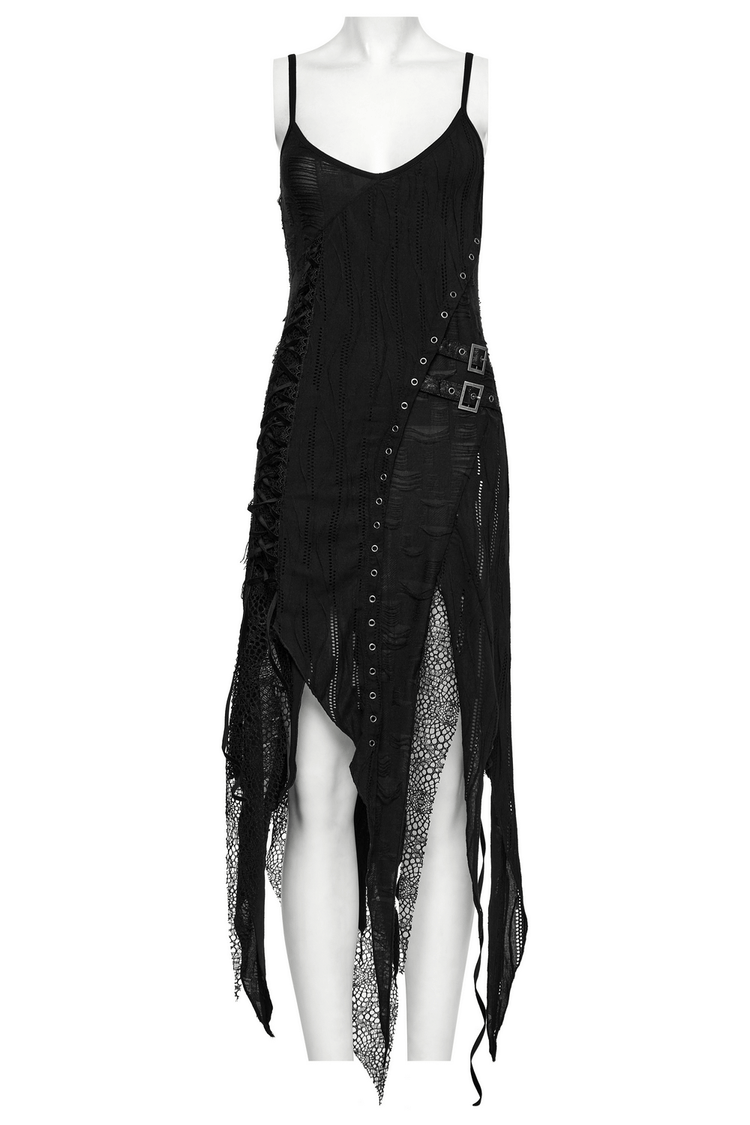 Black Gothic Lace Dress with Asymmetric Hem and Eyelets - image 6