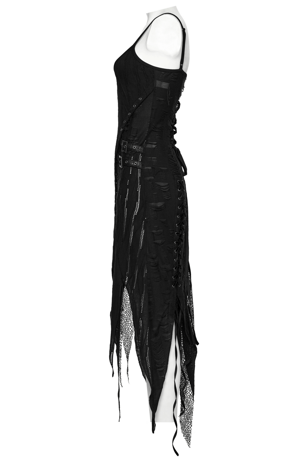 Black Gothic Lace Dress with Asymmetric Hem and Eyelets - image 5