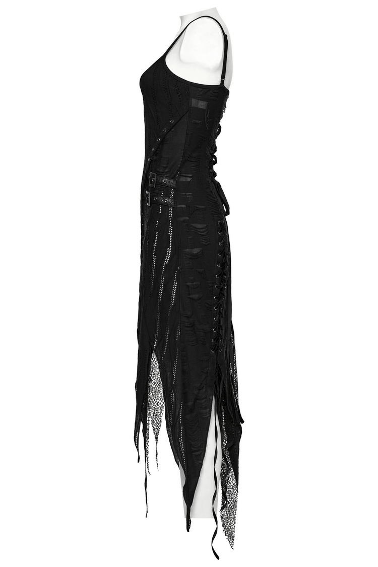 Black Gothic Lace Dress with Asymmetric Hem and Eyelets - image 5