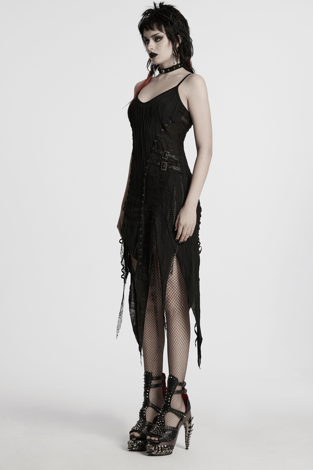 Black Gothic Lace Dress with Asymmetric Hem and Eyelets - image 11