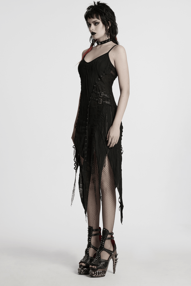 Black Gothic Lace Dress with Asymmetric Hem and Eyelets - image 11