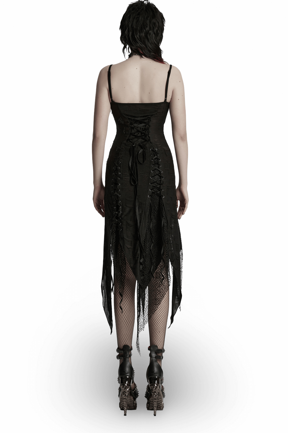 Black Gothic Lace Dress with Asymmetric Hem and Eyelets - image 2