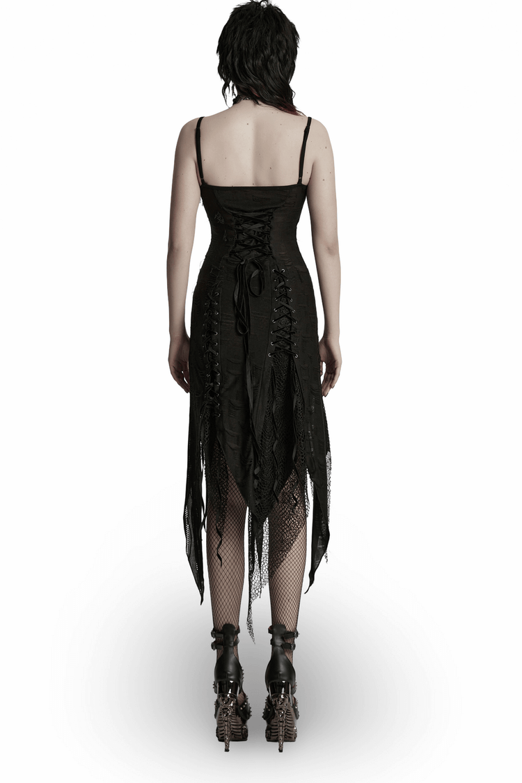 Black Gothic Lace Dress with Asymmetric Hem and Eyelets - image 2