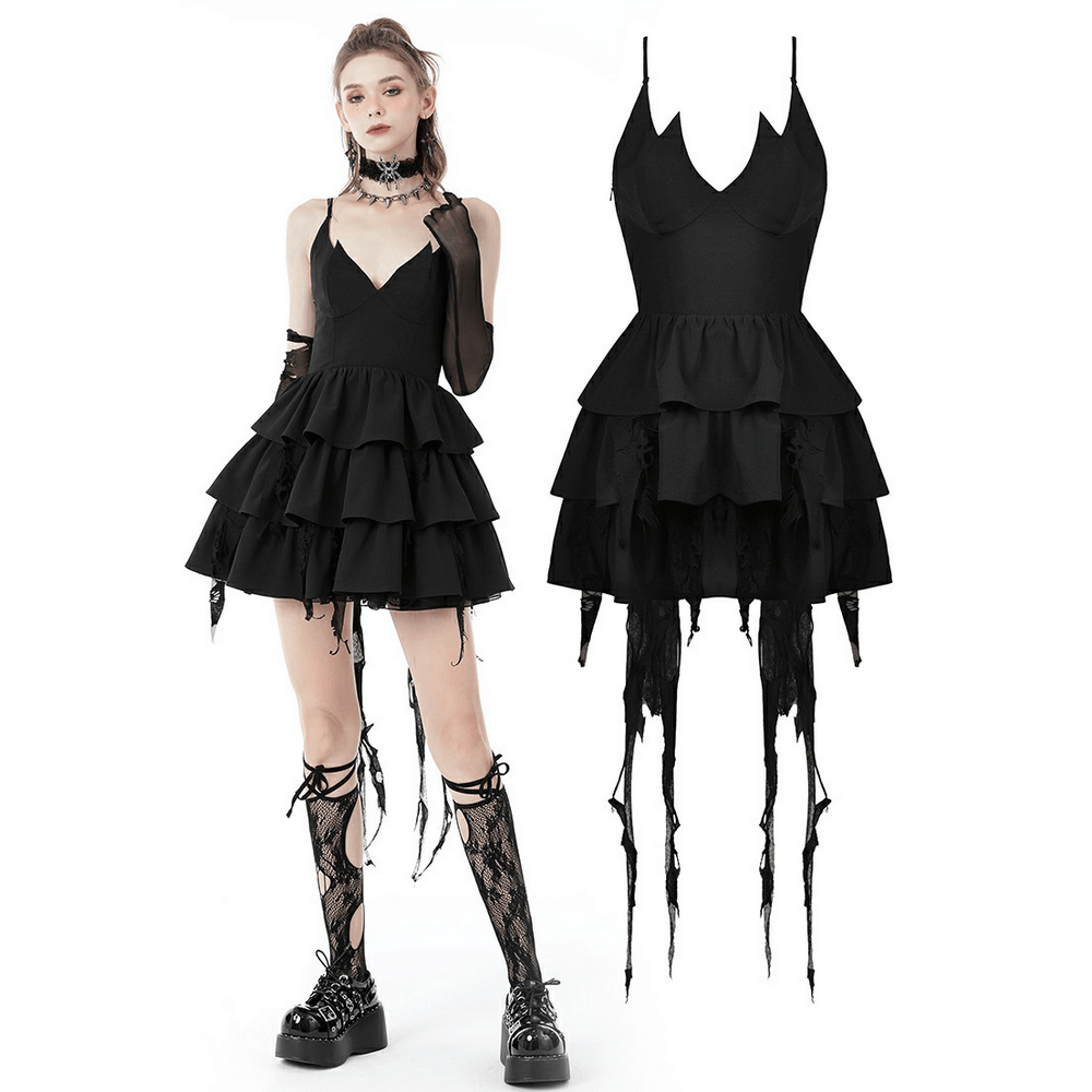 Black Gothic Lace High-Low Dress with Fringe Detailing - image 3