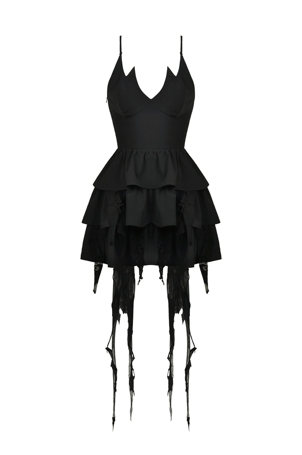 Black Gothic Lace High-Low Dress with Fringe Detailing - image 4