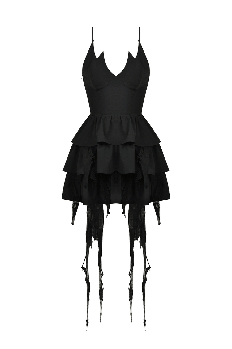 Black Gothic Lace High-Low Dress with Fringe Detailing - image 4