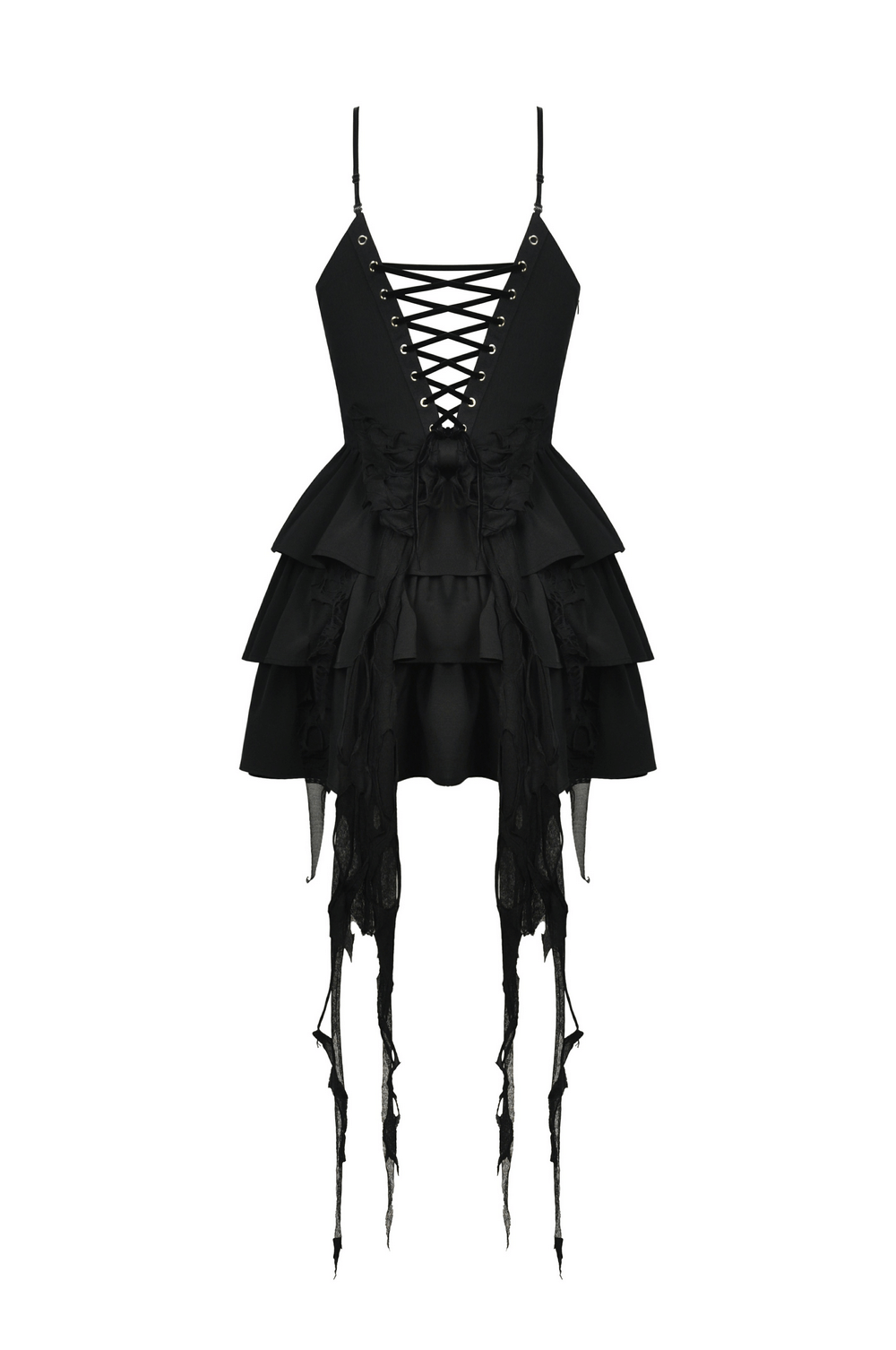 Black Gothic Lace High-Low Dress with Fringe Detailing - image 5