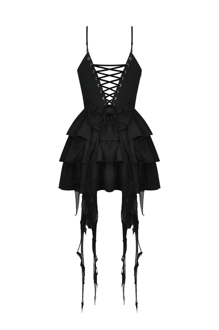 Black Gothic Lace High-Low Dress with Fringe Detailing - image 5