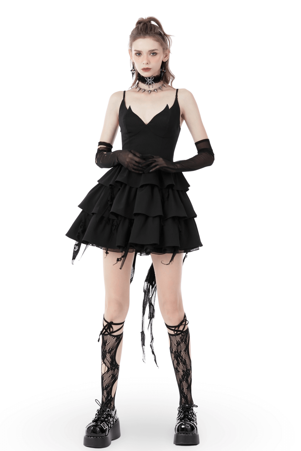 Black Gothic Lace High-Low Dress with Fringe Detailing - image 1