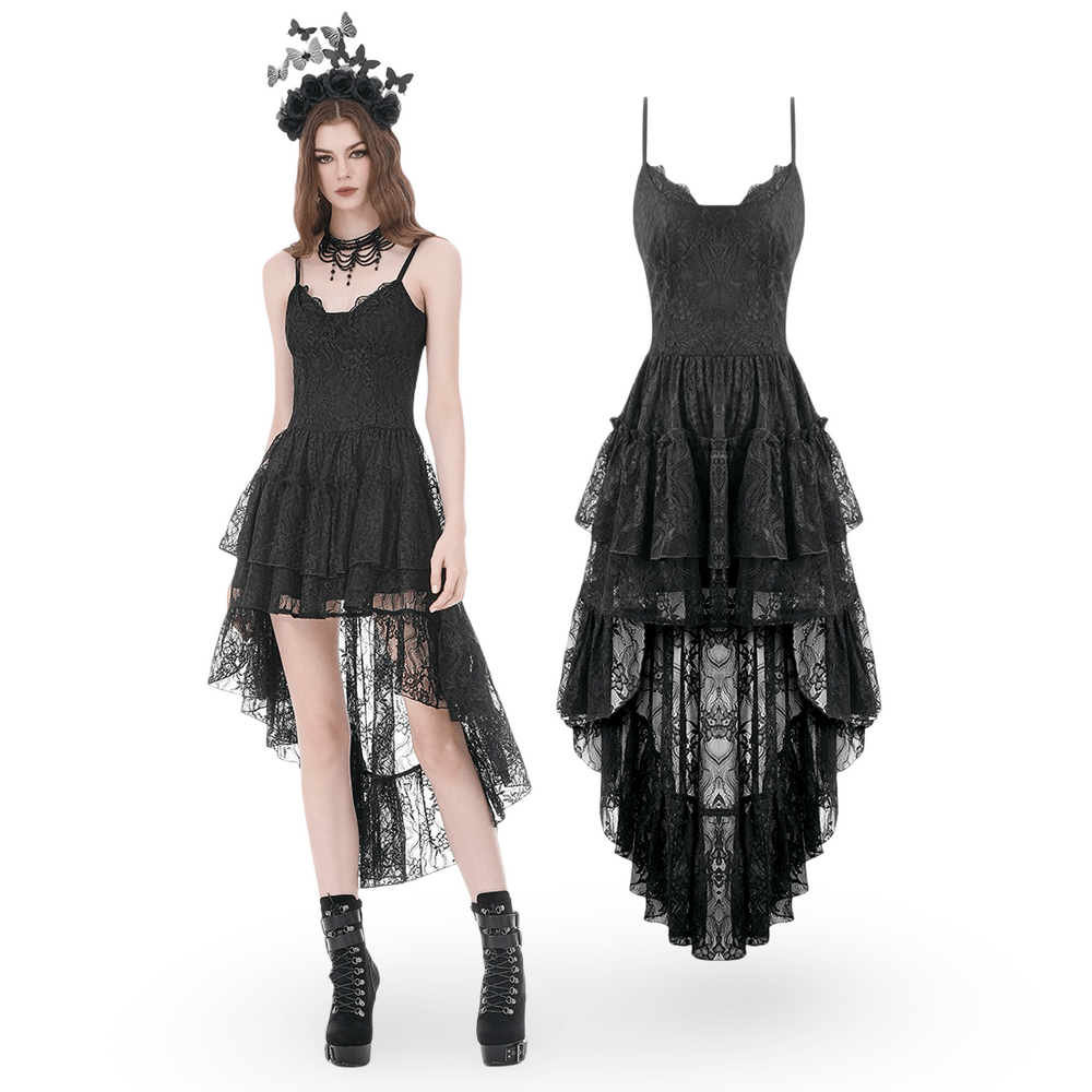 Black Gothic Lace High Low Dress with Ruffle Skirt - image 3