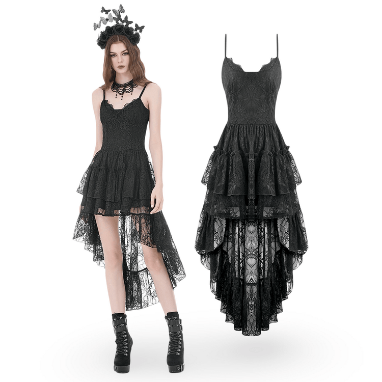 Black Gothic Lace High Low Dress with Ruffle Skirt - image 3