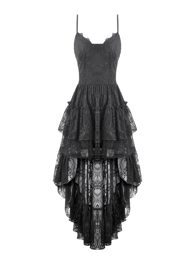 Black Gothic Lace High Low Dress with Ruffle Skirt - image 4
