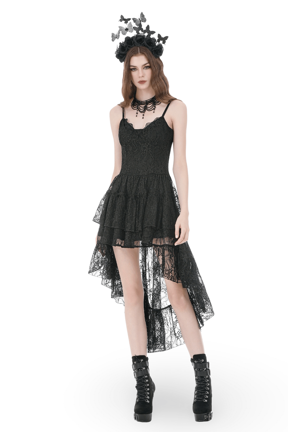 Black Gothic Lace High Low Dress with Ruffle Skirt - image 1