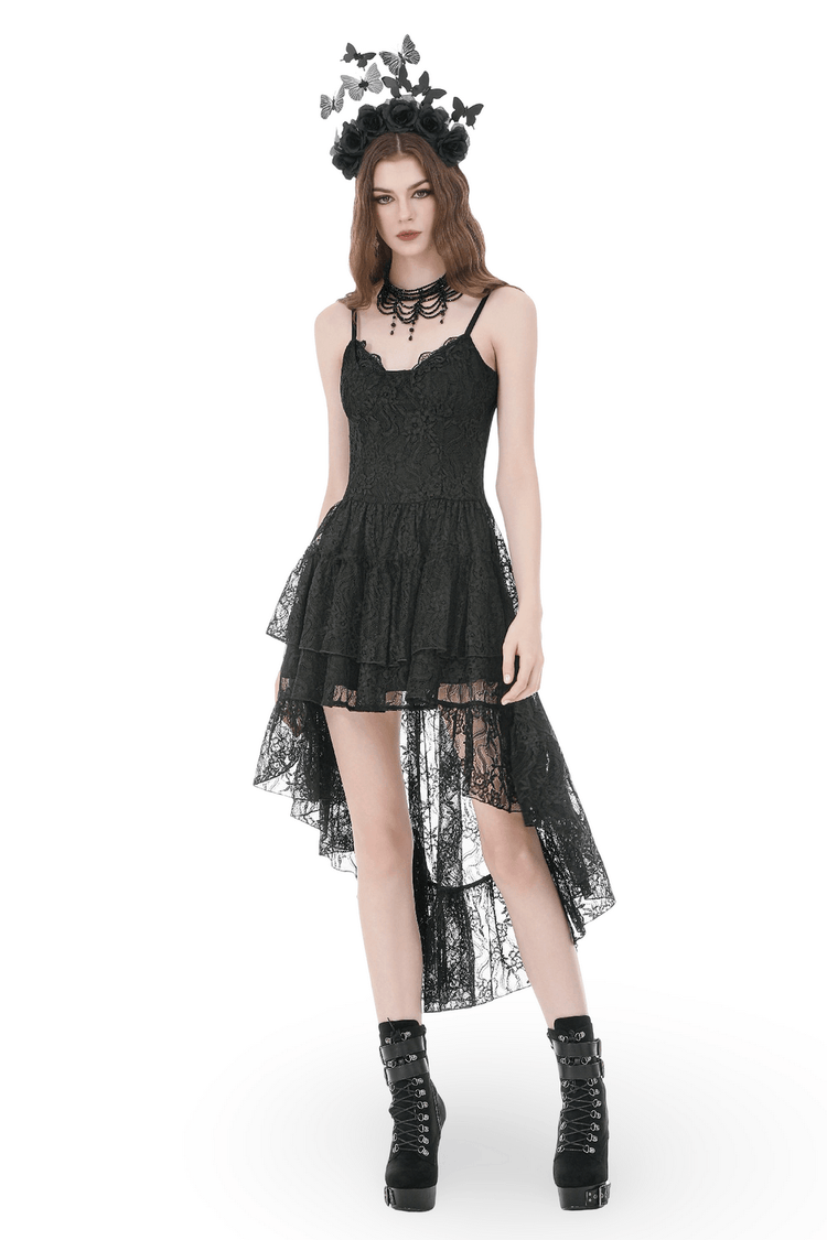 Black Gothic Lace High Low Dress with Ruffle Skirt - image 1