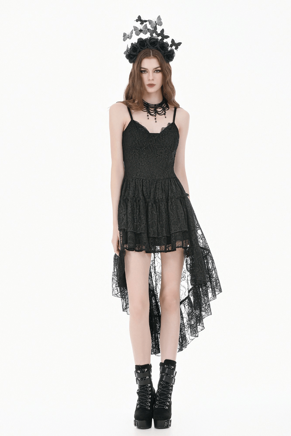 Black Gothic Lace High Low Dress with Ruffle Skirt - image 11