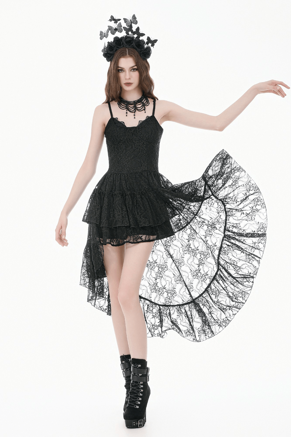 Black Gothic Lace High Low Dress with Ruffle Skirt - image 13