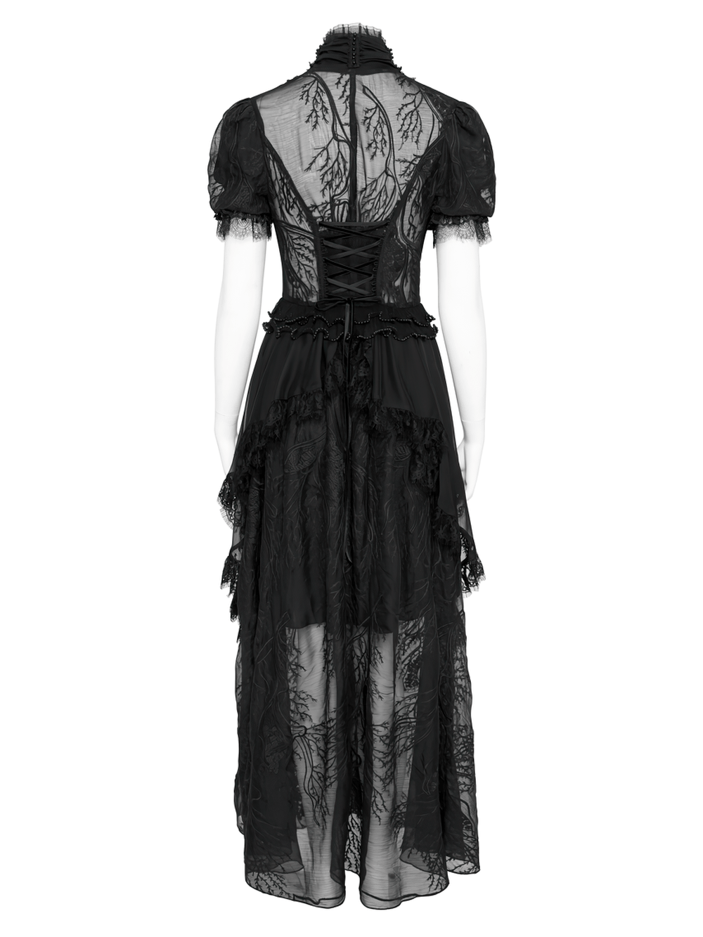 Black Gothic Lace Mesh Maxi Dress with Short Sleeves - image 6