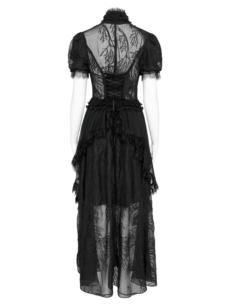Black Gothic Lace Mesh Maxi Dress with Short Sleeves - image 6