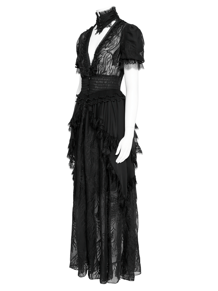 Black Gothic Lace Mesh Maxi Dress with Short Sleeves - image 5