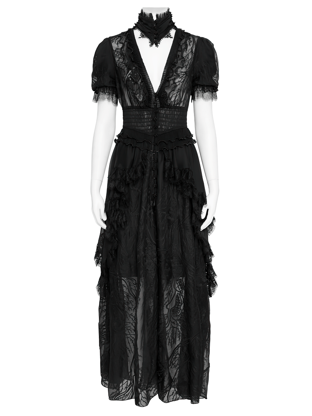 Black Gothic Lace Mesh Maxi Dress with Short Sleeves - image 4