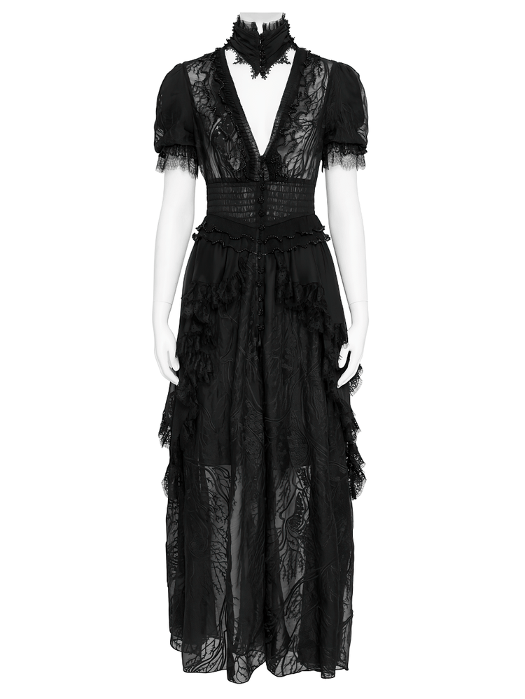 Black Gothic Lace Mesh Maxi Dress with Short Sleeves - image 4
