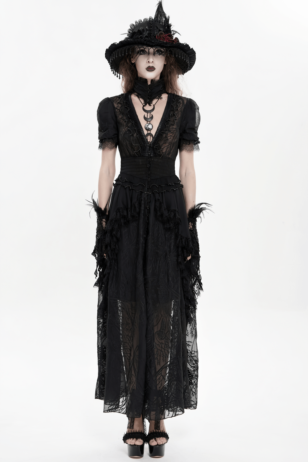 Black Gothic Lace Mesh Maxi Dress with Short Sleeves - image 26