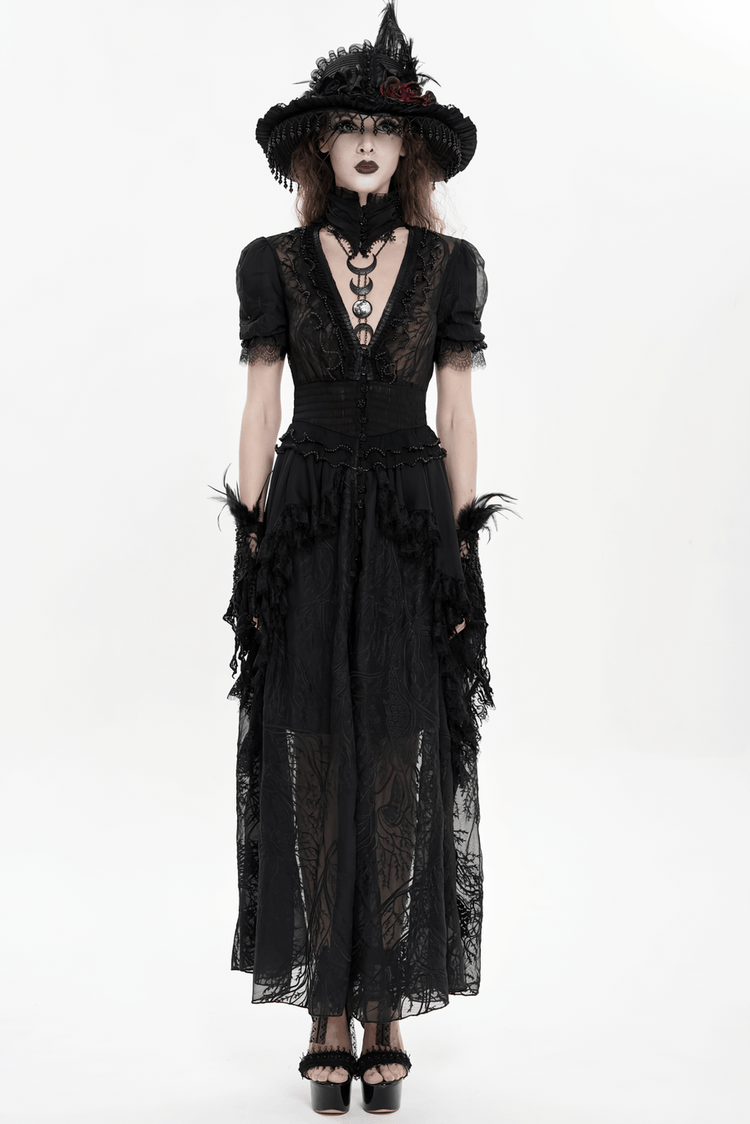Black Gothic Lace Mesh Maxi Dress with Short Sleeves - image 26