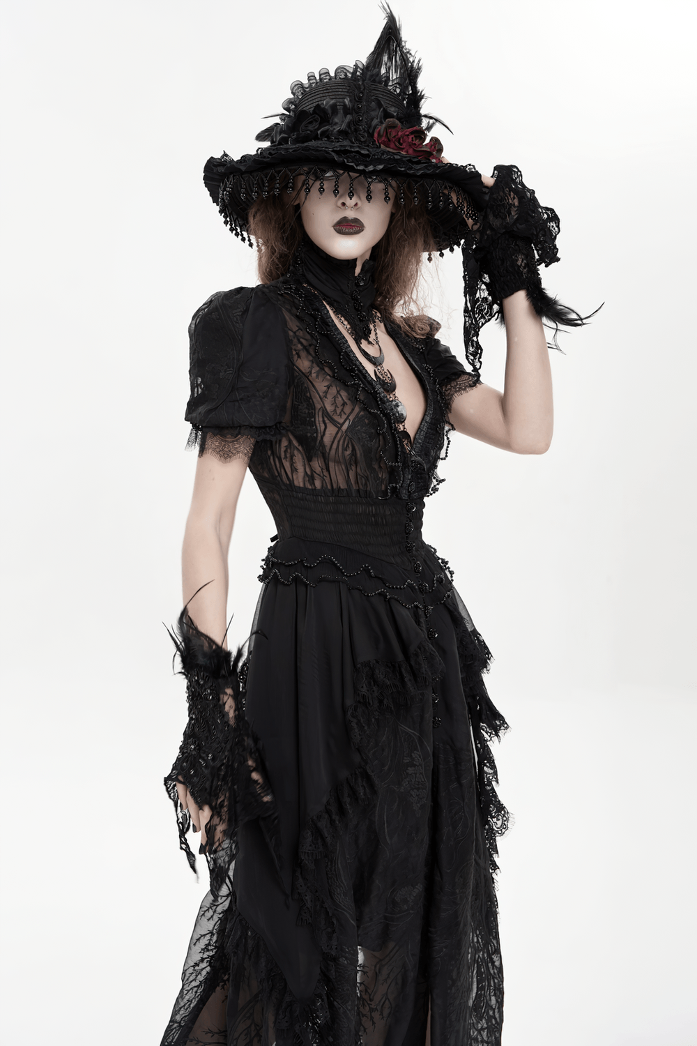 Black Gothic Lace Mesh Maxi Dress with Short Sleeves - image 19