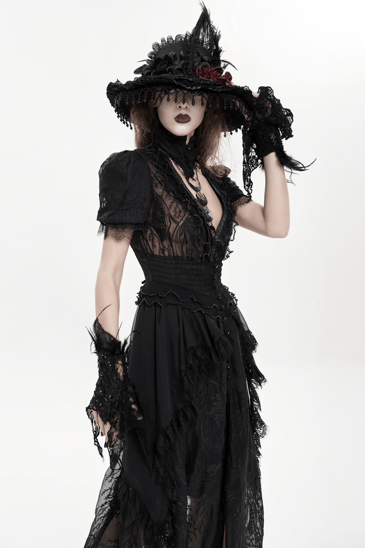 Black Gothic Lace Mesh Maxi Dress with Short Sleeves - image 19