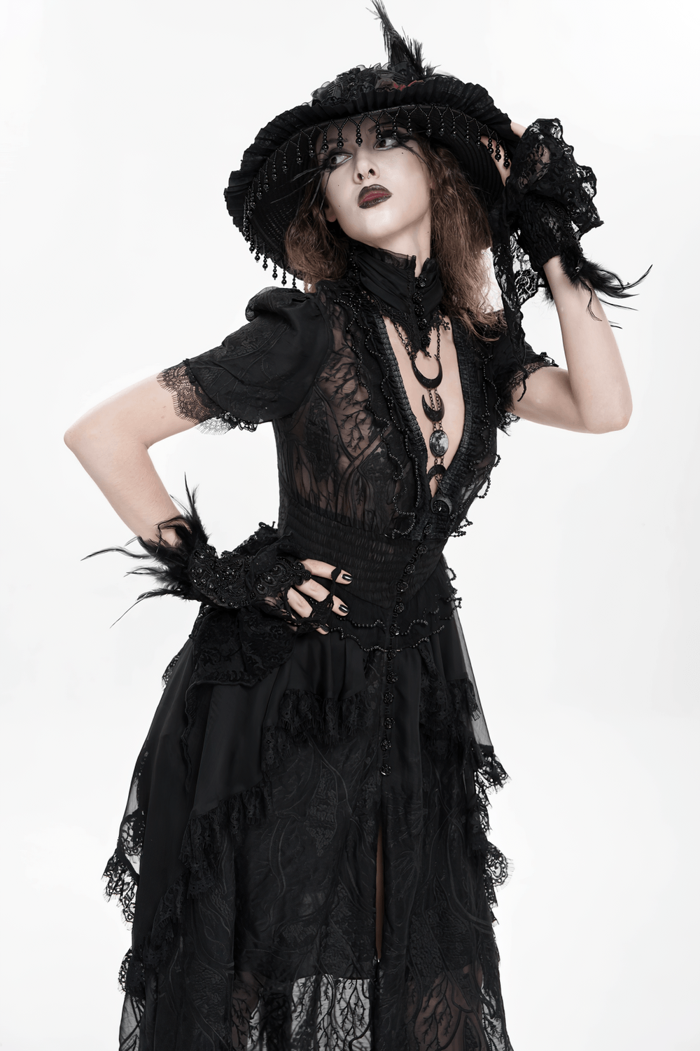Black Gothic Lace Mesh Maxi Dress with Short Sleeves - image 20