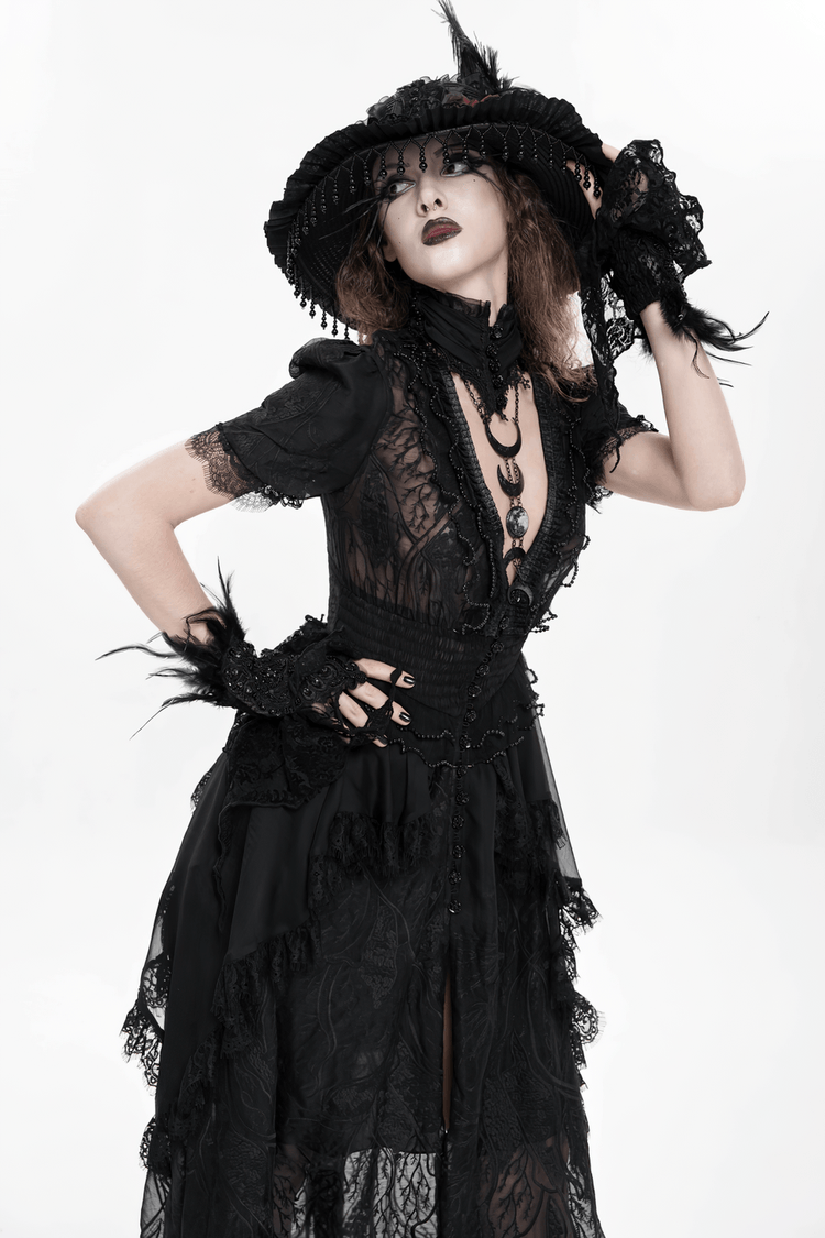 Black Gothic Lace Mesh Maxi Dress with Short Sleeves - image 20