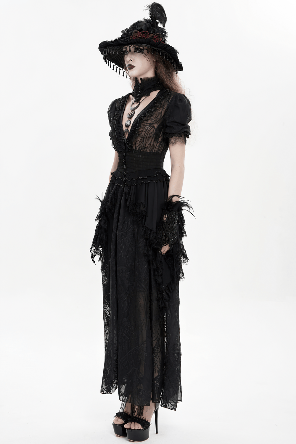 Black Gothic Lace Mesh Maxi Dress with Short Sleeves - image 27