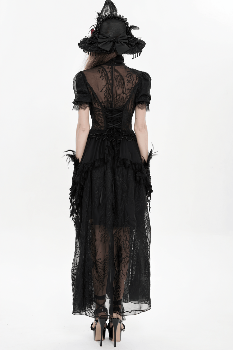 Black Gothic Lace Mesh Maxi Dress with Short Sleeves - image 23