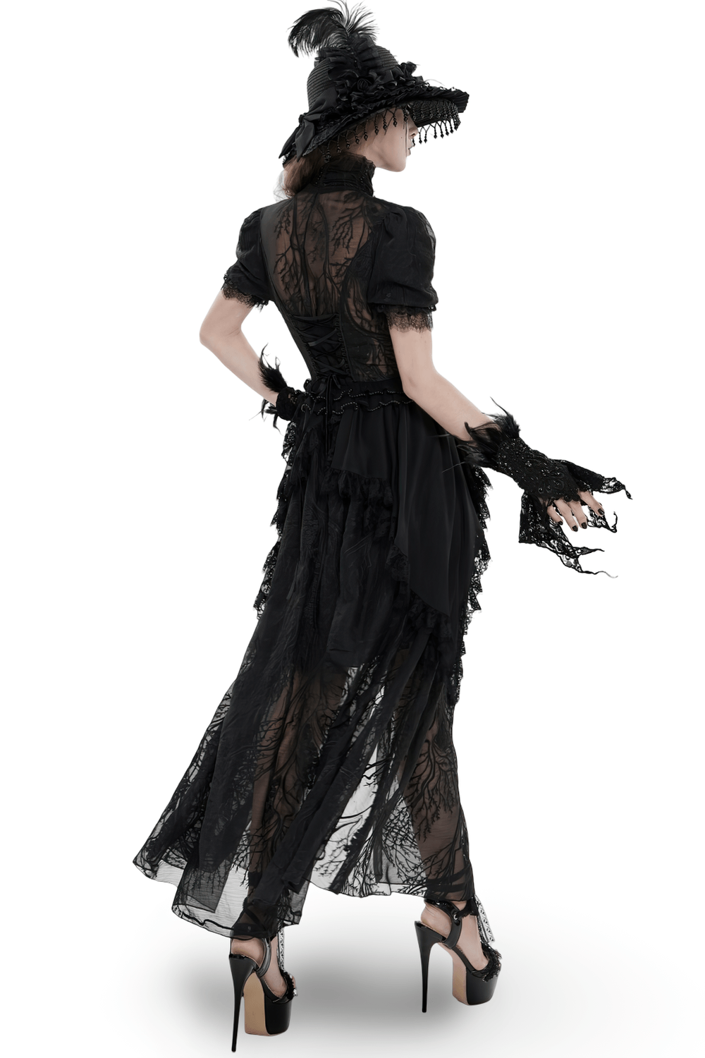Black Gothic Lace Mesh Maxi Dress with Short Sleeves - image 2