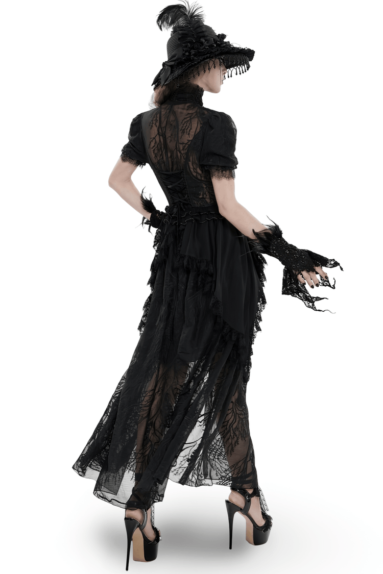 Black Gothic Lace Mesh Maxi Dress with Short Sleeves - image 2