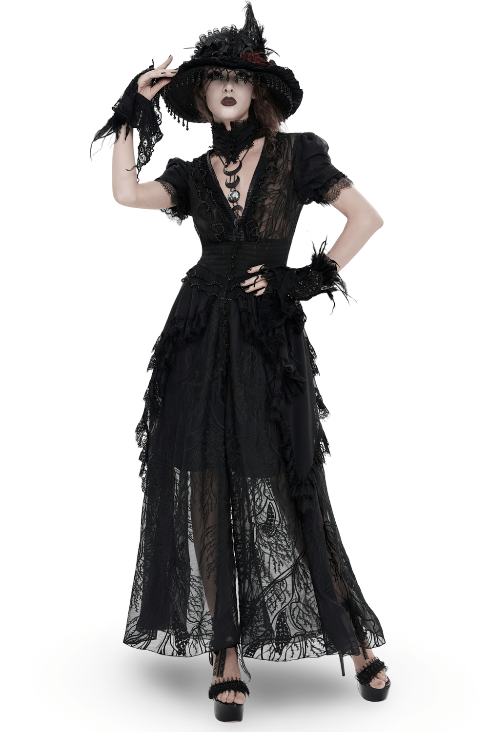Black Gothic Lace Mesh Maxi Dress with Short Sleeves - image 1
