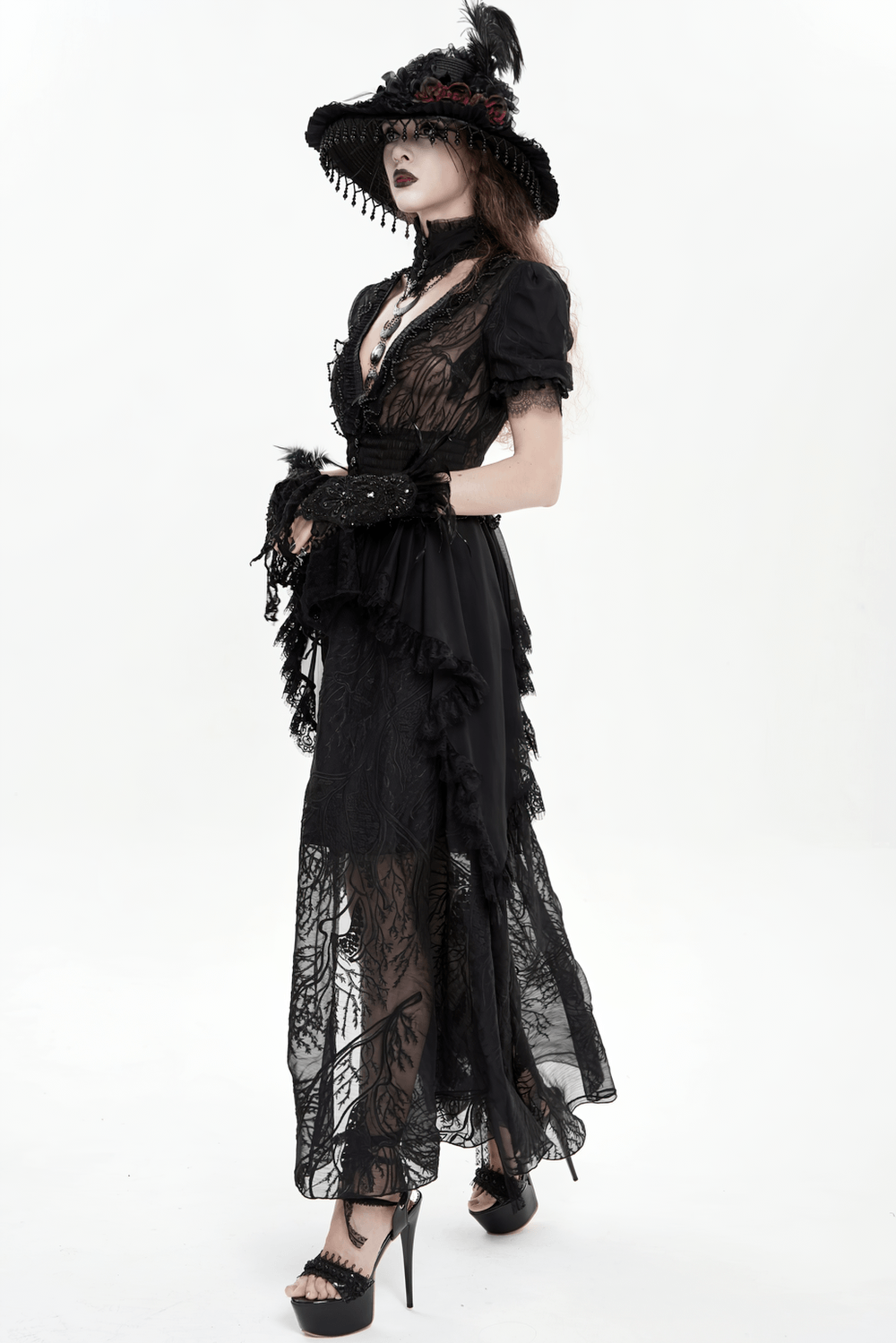 Black Gothic Lace Mesh Maxi Dress with Short Sleeves - image 24