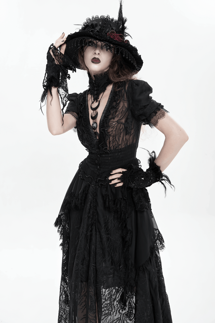 Black Gothic Lace Mesh Maxi Dress with Short Sleeves - image 18