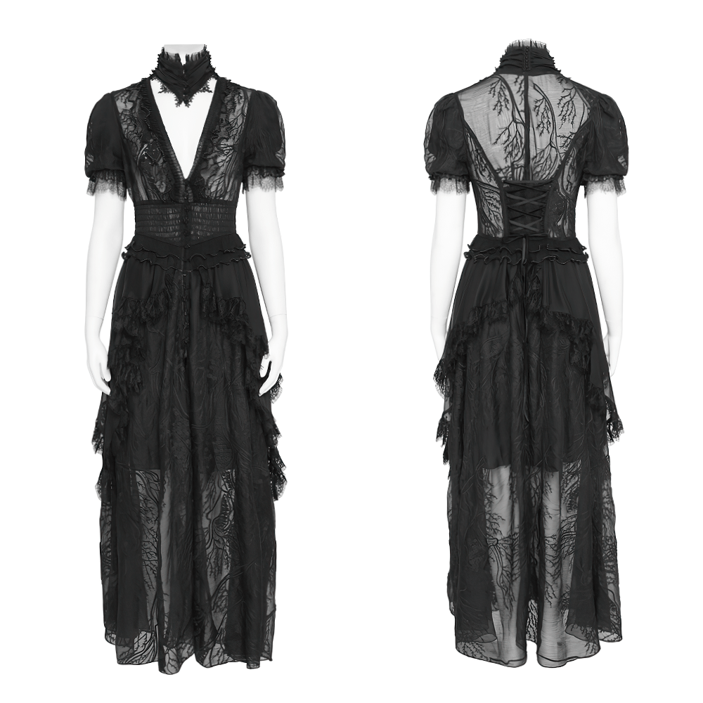 Black Gothic Lace Mesh Maxi Dress with Short Sleeves - image 3