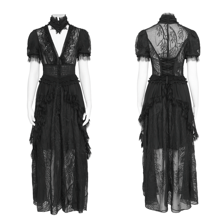 Black Gothic Lace Mesh Maxi Dress with Short Sleeves - image 3
