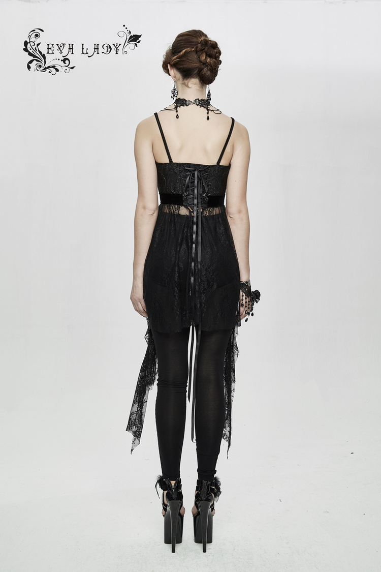 Black Gothic Lace Sleeveless Short Irregular Dress / Women's Black Dress With Red Beading - image 17