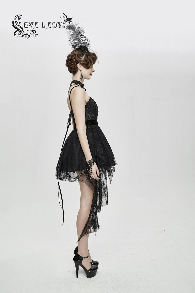 Black Gothic Lace Sleeveless Short Irregular Dress / Women's Black Dress With Red Beading - image 15