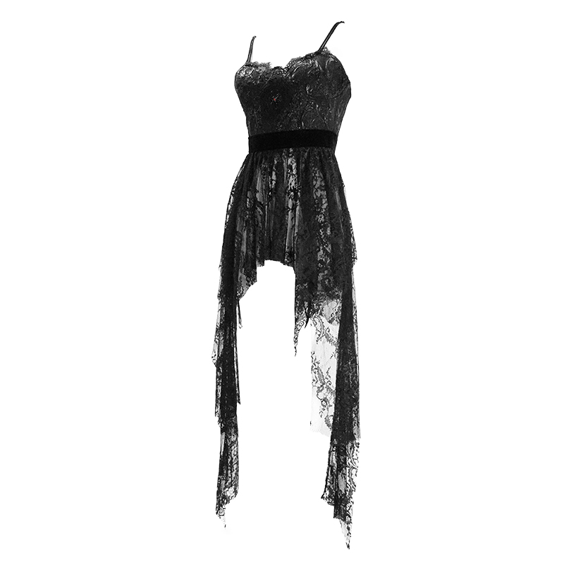 Black Gothic Lace Sleeveless Short Irregular Dress / Women's Black Dress With Red Beading - image 4